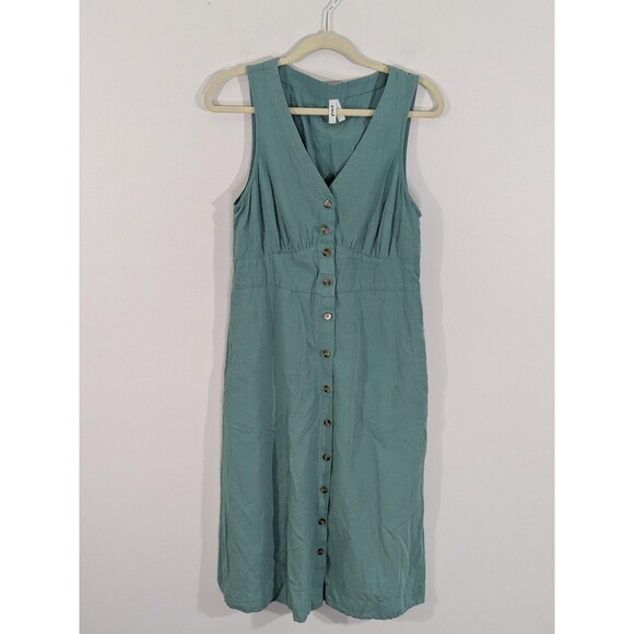 Pact Green Canopy Button Front Midi Dress Womens M Organic Cotton Linen Prairie - Picture 2 of 7